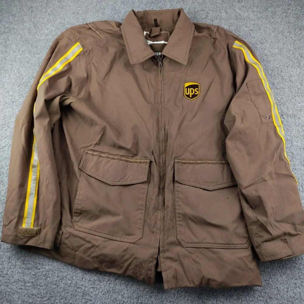 VTG UPS Jacket Mens 2XL Brown Reflective Stripe Hi Vis Employee Uniform